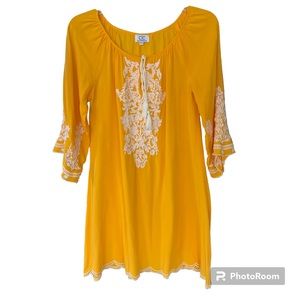 CHIC CONNECTION Women’s S Yellow Gold White Embroidered 3/4 Sleeves Cotton Dress